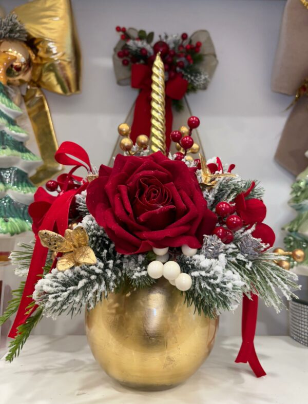 Centrotavola natalizio, ampolla oro con rose rosse in velluto e decori Ø 30 cm