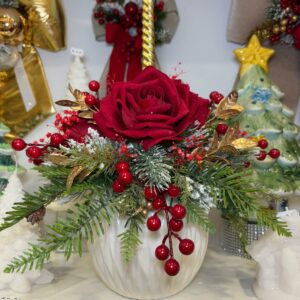 Centrotavola natalizio, ampolla in ceramica panna con rose rosse in velluto e decori Ø 30 cm