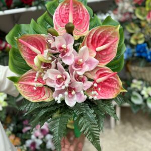 Fiori artificiali per cimitero mazzo con anthurium rosa,orchidee in silicone e foglie in silicone