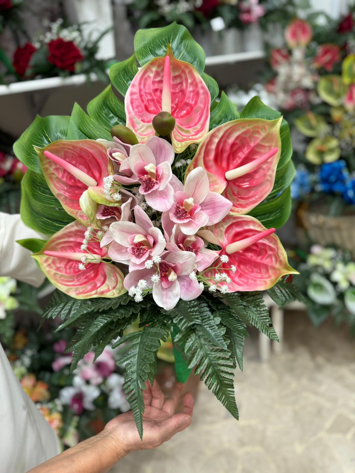 Fiori artificiali per cimitero mazzo con anthurium rosa,orchidee in silicone e foglie in silicone