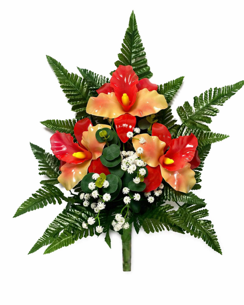 Mazzo di fiori artificiali per cimitero con tre catleya in vetroresina – Composizione per loculi