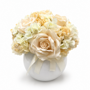 Centrotavola con fiori artificiali composto da rose in velluto e ortensie Ø 40