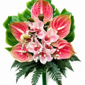 Fiori artificiali per cimitero mazzo con anthurium rosa, orchidee e foglie