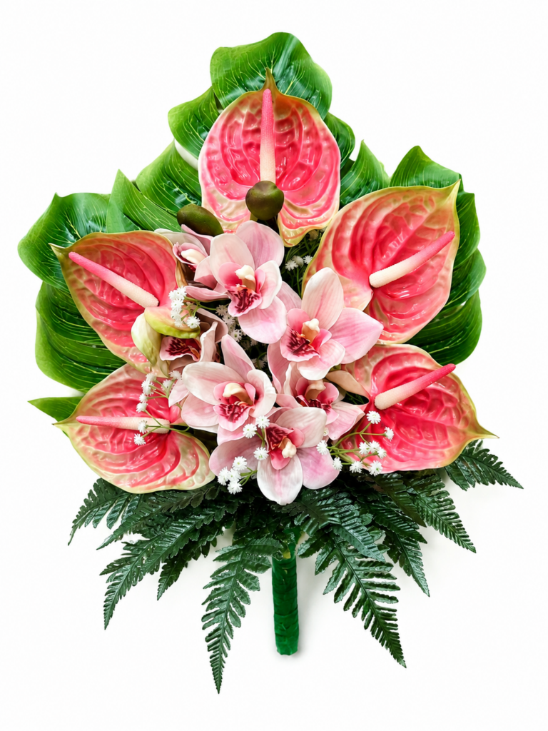 Fiori artificiali per cimitero mazzo con anthurium rosa, orchidee e foglie