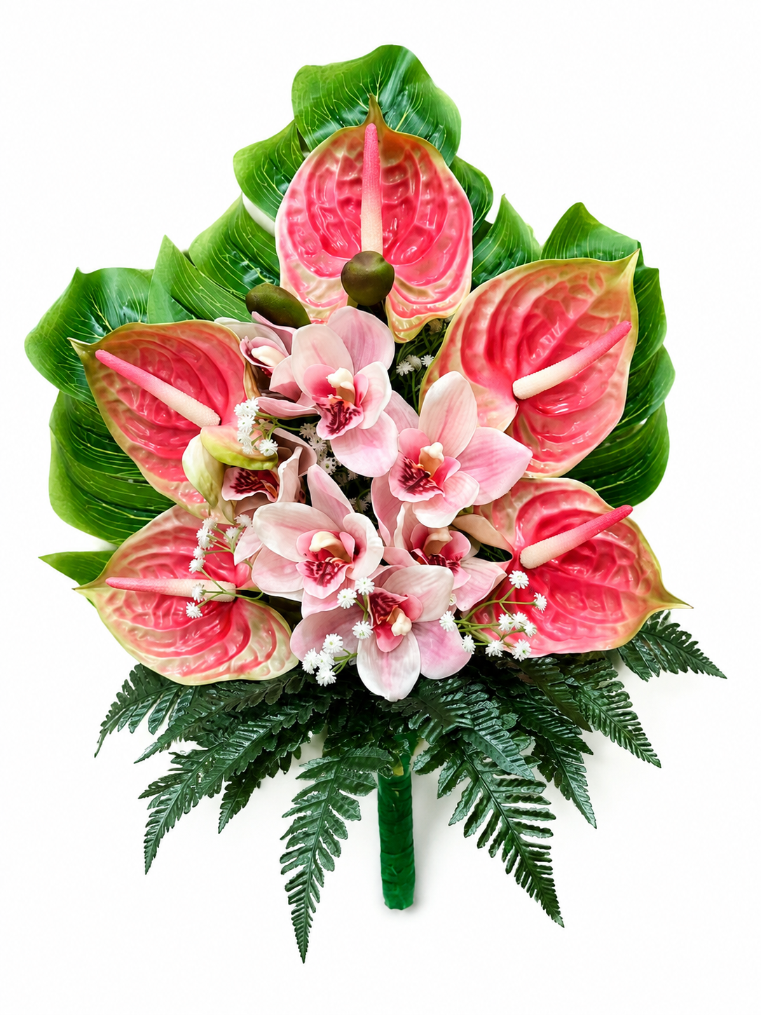 Fiori artificiali per cimitero mazzo con anthurium rosa, orchidee e foglie