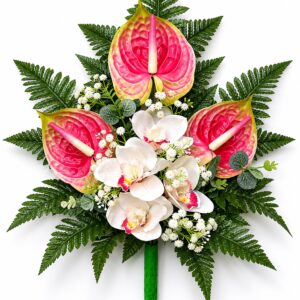 Mazzo Fiori artificiali per cimitero con 3  anthurium rosa e ochidee