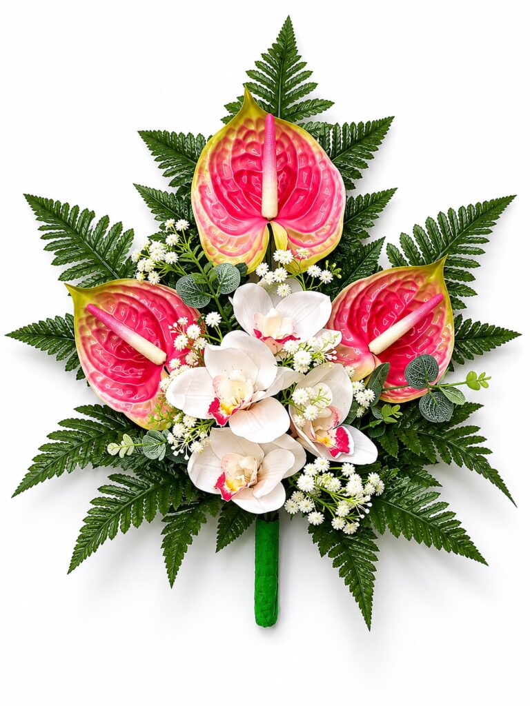 Mazzo Fiori artificiali per cimitero con 3  anthurium rosa e ochidee