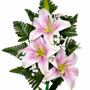 Mazzo fiori artificiali cimitero con gigli rosa realistici