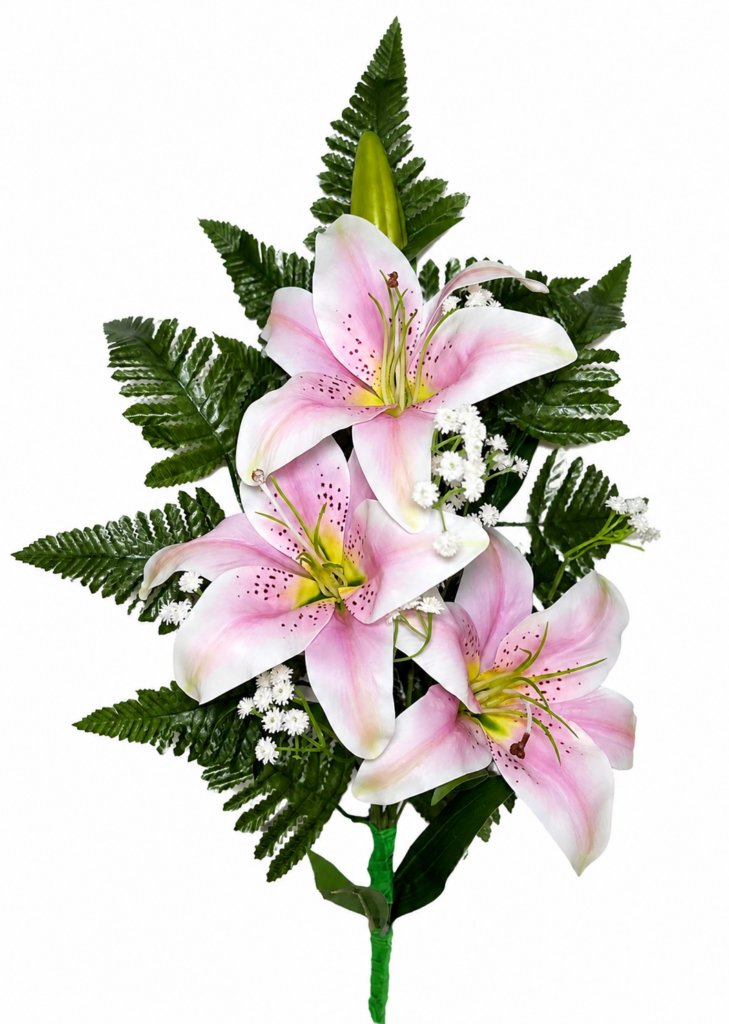 Mazzo fiori artificiali cimitero con gigli rosa realistici