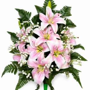 Mazzo fiori artificiali cimitero con gigli rosa realistici