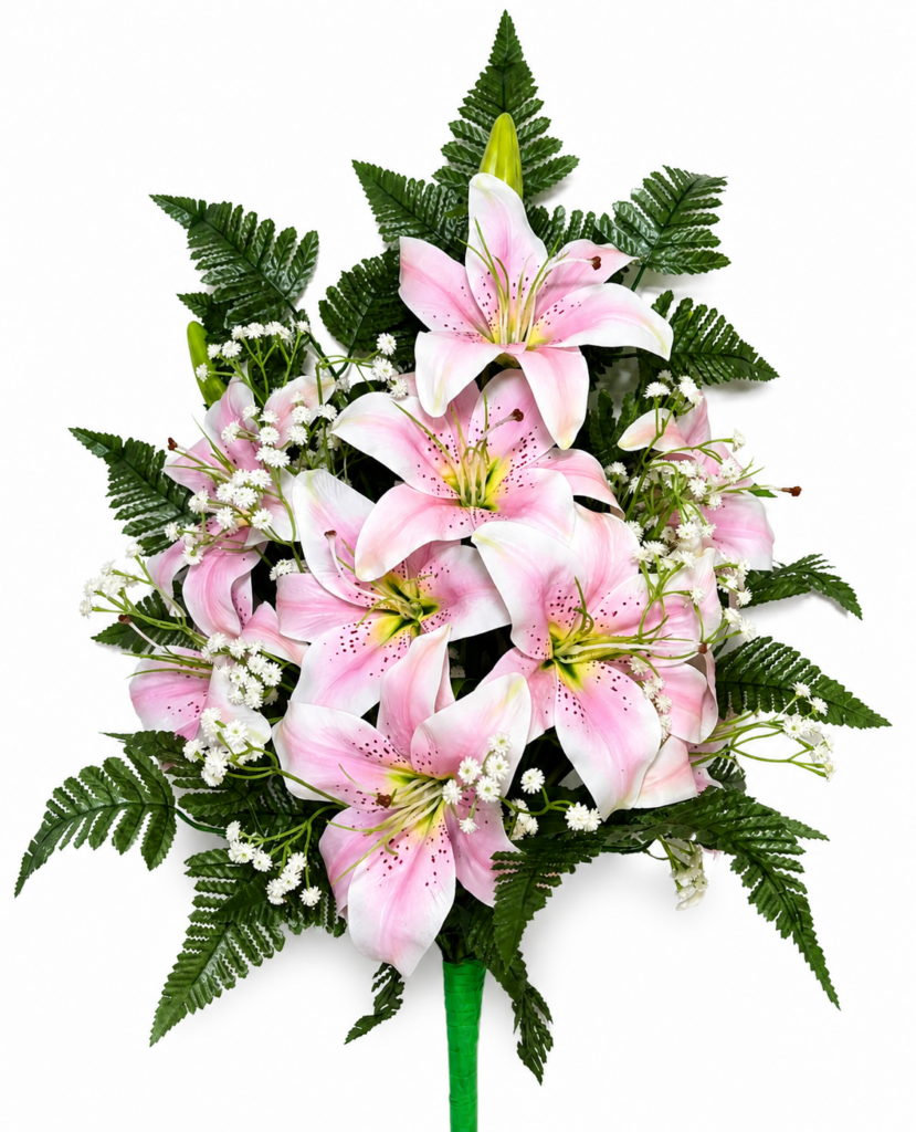 Mazzo fiori artificiali cimitero con gigli rosa realistici
