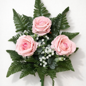Fiori artificiali per cimitero mazzo con boccioli di rose di colore rosa con sfumature in velluto