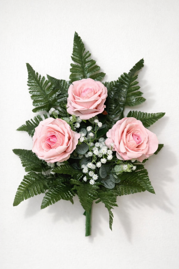 Fiori artificiali per cimitero mazzo con boccioli di rose di colore rosa con sfumature in velluto