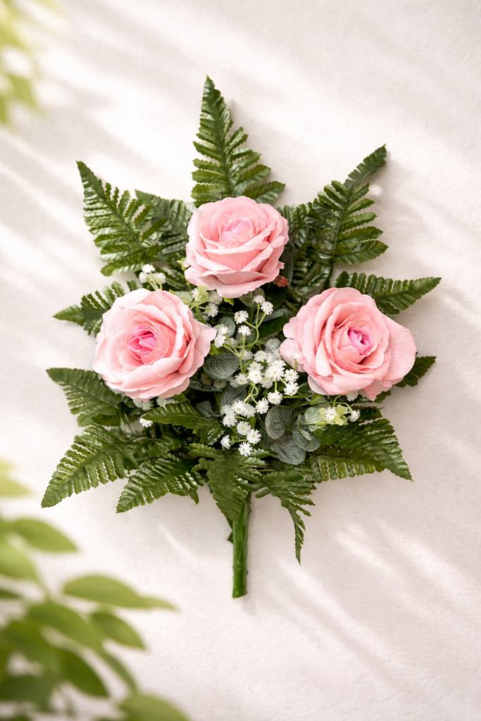 Fiori artificiali per cimitero mazzo con boccioli di rose di colore rosa con sfumature in velluto