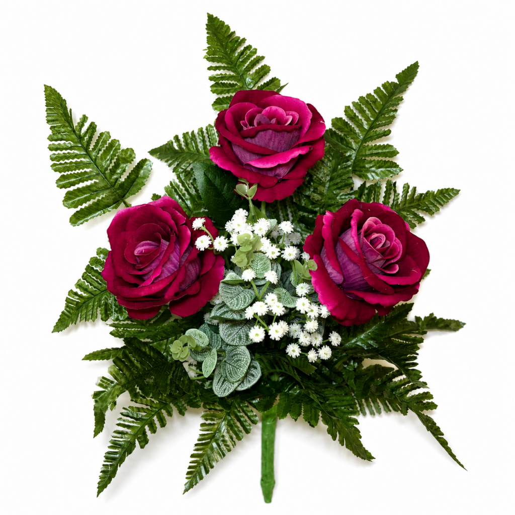 Fiori artificiali per cimitero mazzo con boccioli di rose fucsia  in velluto