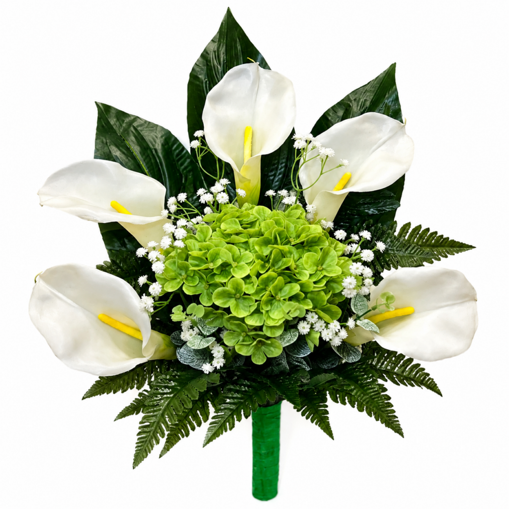 Mazzo Fiori artificiali per cimitero  con calle bianche, ortensia verde in silicone effetto naturale