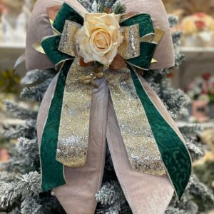 FIOCCO NATALIZIO IN VELLUTO TORTORA CON ROSA GLITTER PANNA E DECORI cm 60
