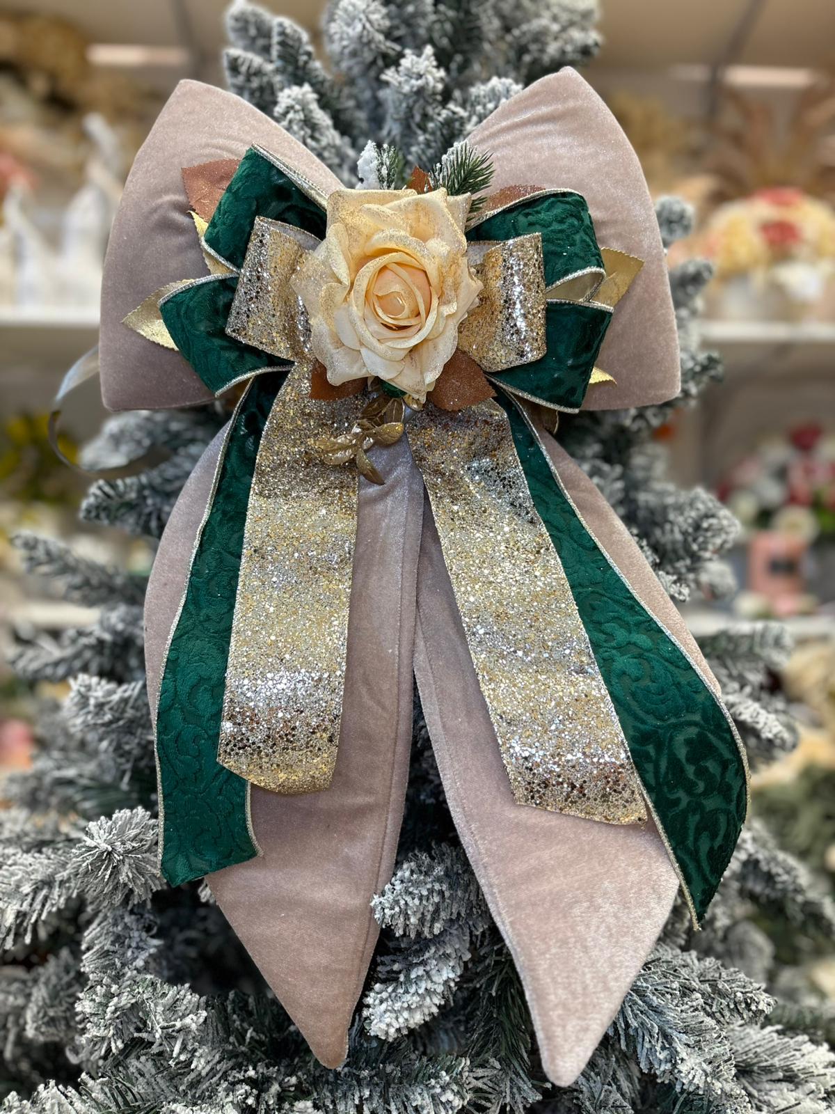 FIOCCO NATALIZIO IN VELLUTO TORTORA CON ROSA GLITTER PANNA E DECORI cm 60