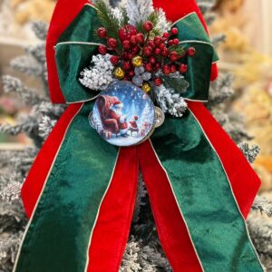 FIOCCO NATALIZIO IN VELLUTO ROSSO CON NASTRI IN VELLUTO VERDI, TAMBURELLA E DECORI cm 60