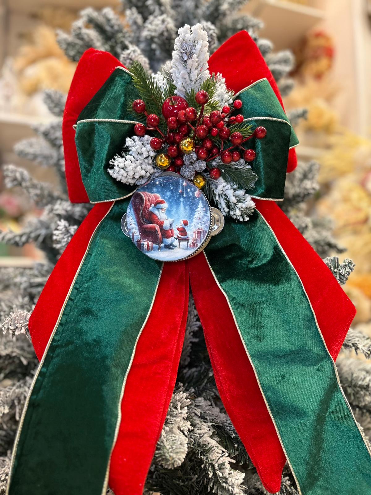 FIOCCO NATALIZIO IN VELLUTO ROSSO CON NASTRI IN VELLUTO VERDI, TAMBURELLA E DECORI cm 60