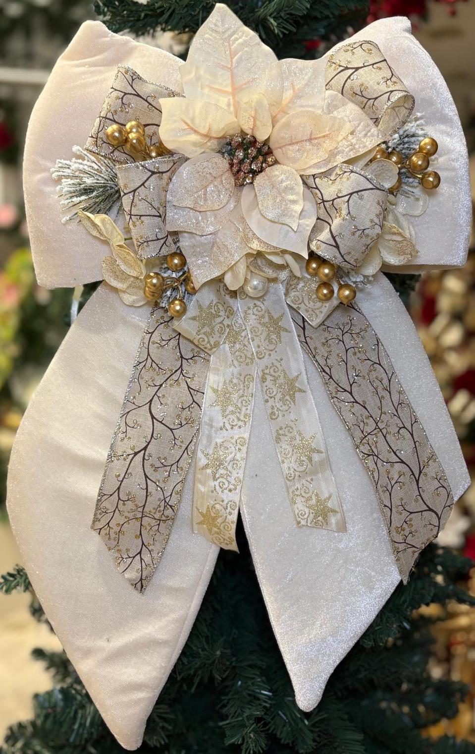 FIOCCO NATALIZIO IN VELLUTO PANNA CON STELLA DI NATALE E DECORI cm 60