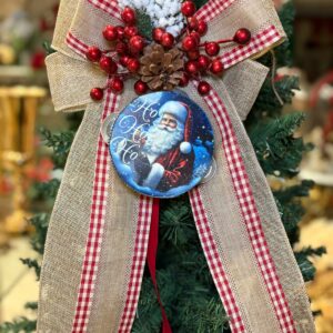 FIOCCO NATALIZIO STILE COUNTRY CON BACCHE, ABETE E TAMBURELLA DECORATIVA