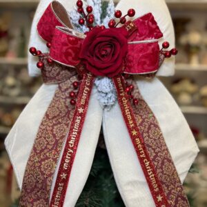 FIOCCO NATALIZIO IN VELLUTO PANNA CON ROSA IN VELLUTO E NASTRI cm 60