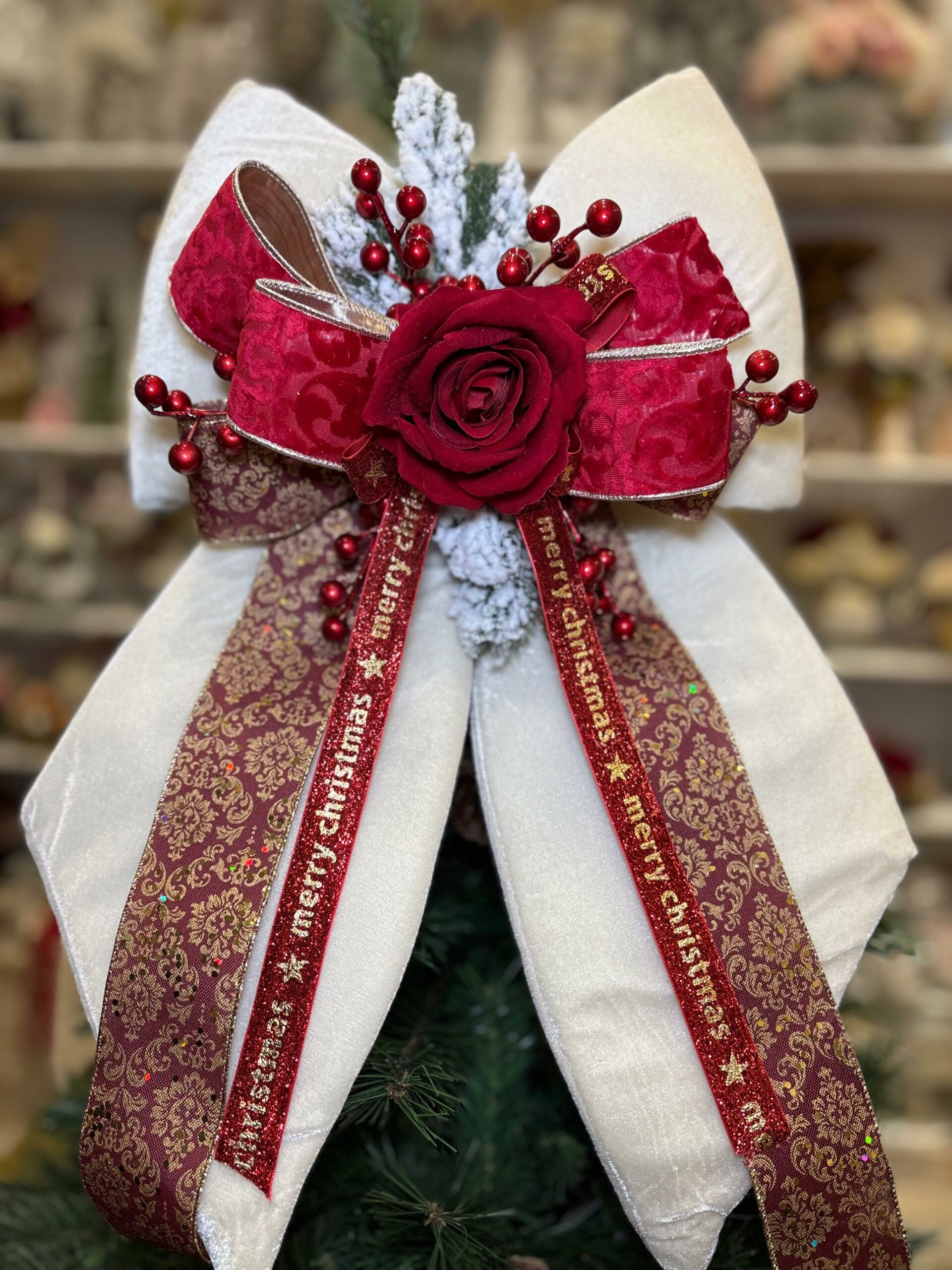 FIOCCO NATALIZIO IN VELLUTO PANNA CON ROSA IN VELLUTO E NASTRI cm 60