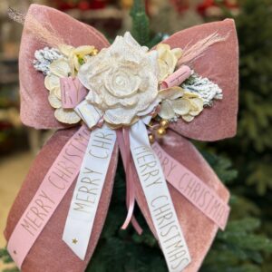 FIOCCO NATALIZIO IN VELLUTO ROSA CON ROSA  PANNA GLITTER E DECORI  h cm 30
