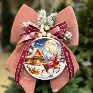 FIOCCO NATALIZIO ROSA  CON  DECORI NATALIZI E TAMBURELLA cm 25