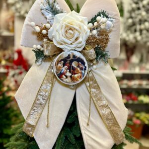 FIOCCO NATALIZIO IN VELLUTO PANNA CON ROSA E TAMBURELLA h cm 60