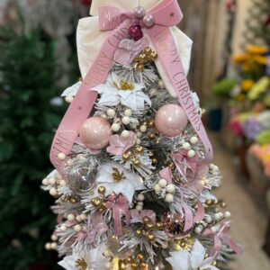 ALBERELLO NATALE INNEVATO CON DECORAZIONI ROSA, ORO, PANNA E ORO h cm 70