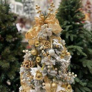 ALBERELLO NATALE INNEVATO CON DECORAZIONI ORO, E BIANCHE h cm 70