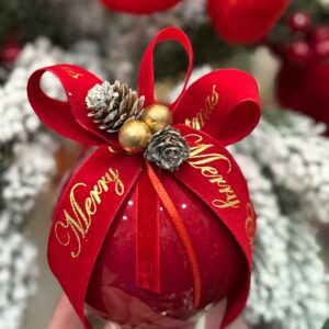 Pallina di Natale in vetro verde con fiocco Rosso con scritta Merry Christmas e decorazioni Ø 10 cm