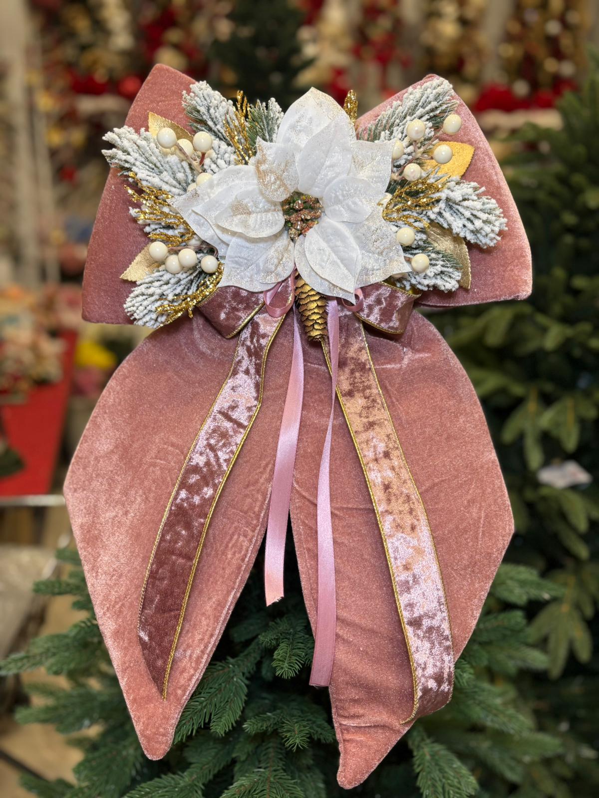 FIOCCO NATALIZIO IN VELLUTO ROSA CON STELLA DI NATALE E DECORI cm 60