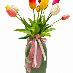Vaso in vetro satinato di colore verde con tulipani natural touch h 65 cm