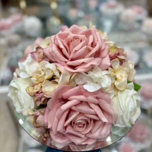 Centrotavola con fiori artificiali, con base specchio, composto da rose  e ortensie Ø 30