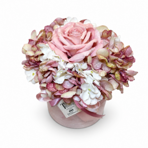 Box fiori artificiali profumati con rosa, ortensie di vario colore Ø 22