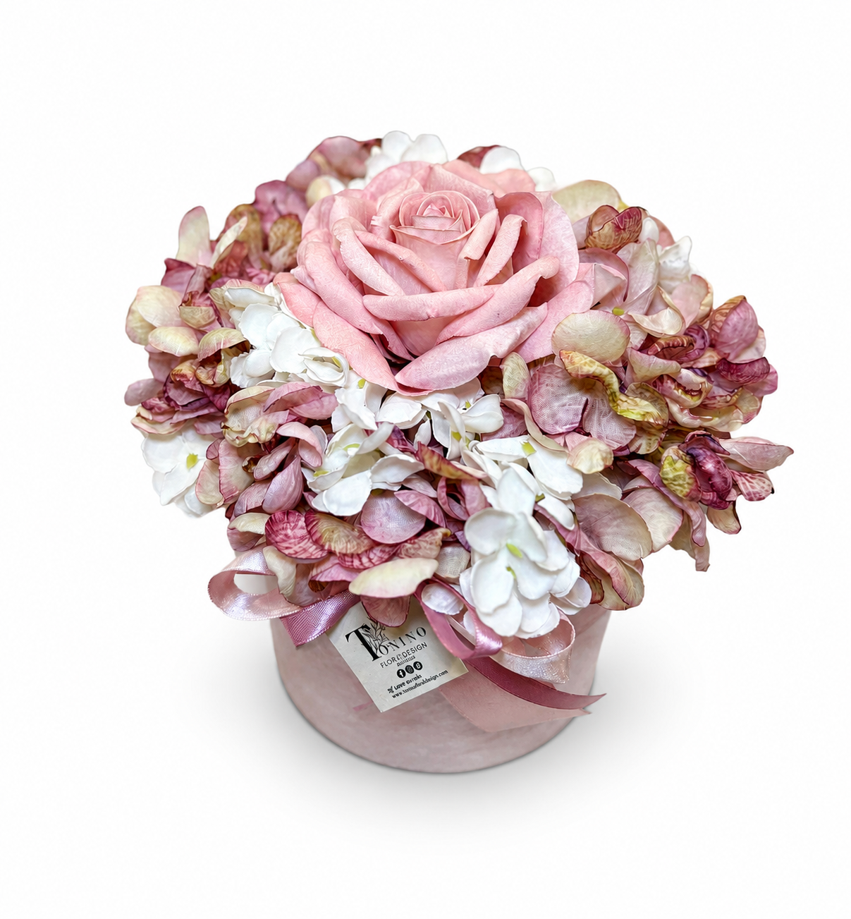 Box fiori artificiali profumati con rosa, ortensie di vario colore Ø 22
