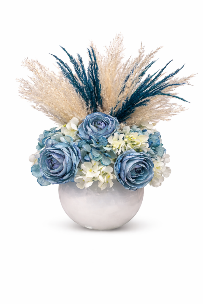 Centrotavola Fiori Artificiali Azzurri con Pampas Naturali Ø 25 cm
