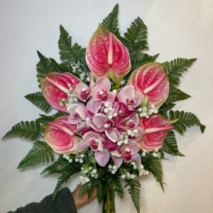 Fiori artificiali per cimitero mazzo con anthurium e orchidee rosa