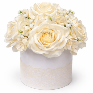Box fiori artificiali profumati con rose,ortensie panna e gypsophila– Flower box elegante Ø 30