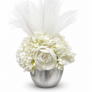 Centrotavola con fiori artificiali composto peonie bianche, ortensie bianche e piume bianche Ø 25