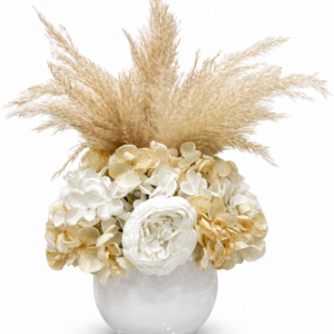 Centrotavola con fiori artificiali composto da peonie, ortensie e pampas Ø 25 cm