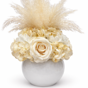 Centrotavola con fiori artificiali, rose, ortensie e pampas in ampolla bianca Ø 25 cm