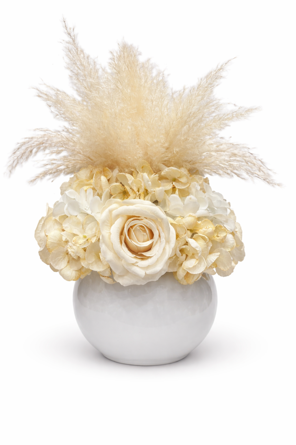 Centrotavola con fiori artificiali, rose, ortensie e pampas in ampolla bianca Ø 25 cm