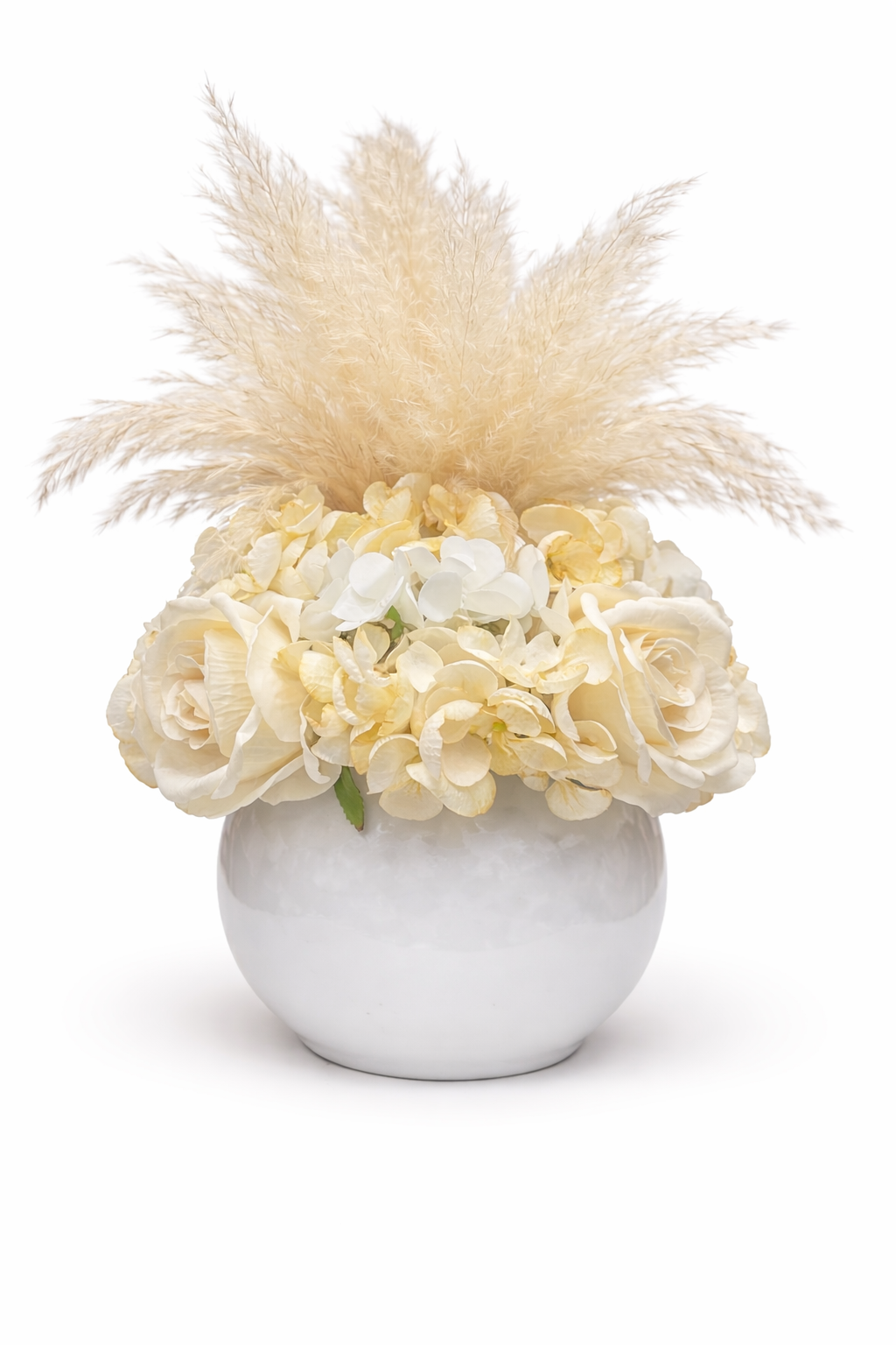 Centrotavola con fiori artificiali, rose, ortensie e pampas in ampolla bianca Ø 25 cm - immagine 2