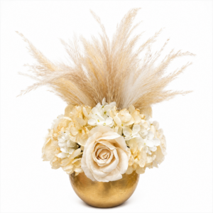 Centrotavola, Ampolla oro in vetro con fiori artificiali rose panna in velluto, ortensie e pampas Ø 25 cm
