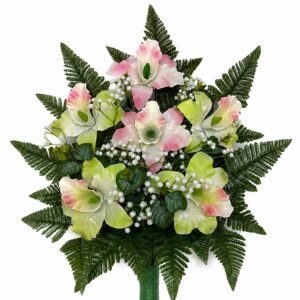 Fiori artificiali per cimitero mazzo con sei catleya in vetroresina rosa e verde