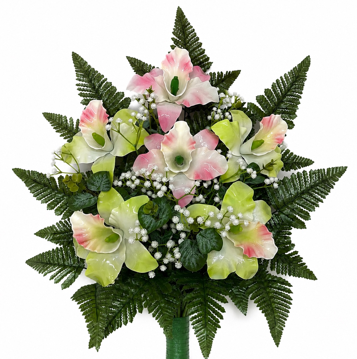 Fiori artificiali per cimitero mazzo con sei catleya in vetroresina rosa e verde